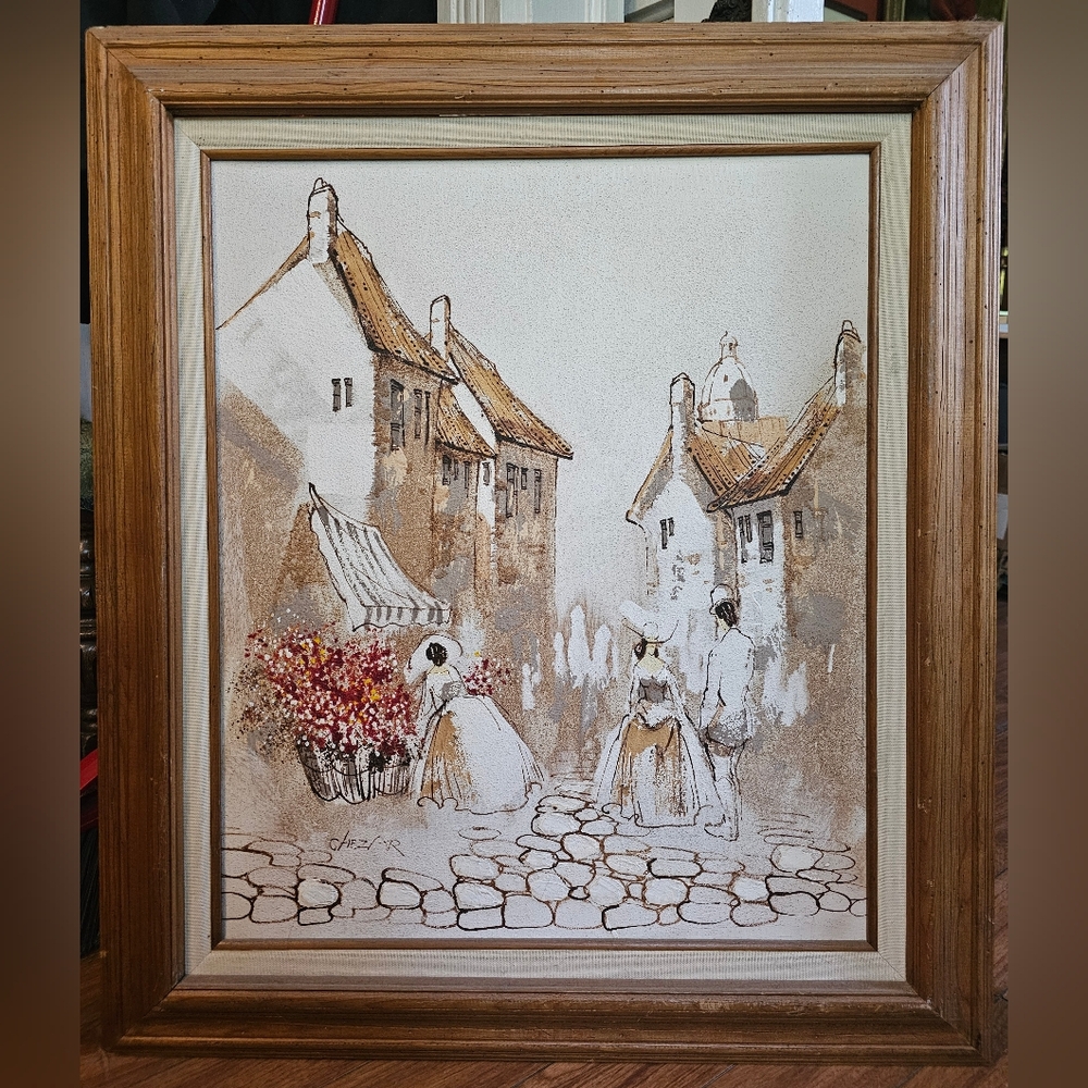 Boris Chezar Oil & Sand Painting | Framed Signed Vintage Street Scene